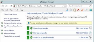 The Windows Firewall Domain and Private network locations show as Not Connected